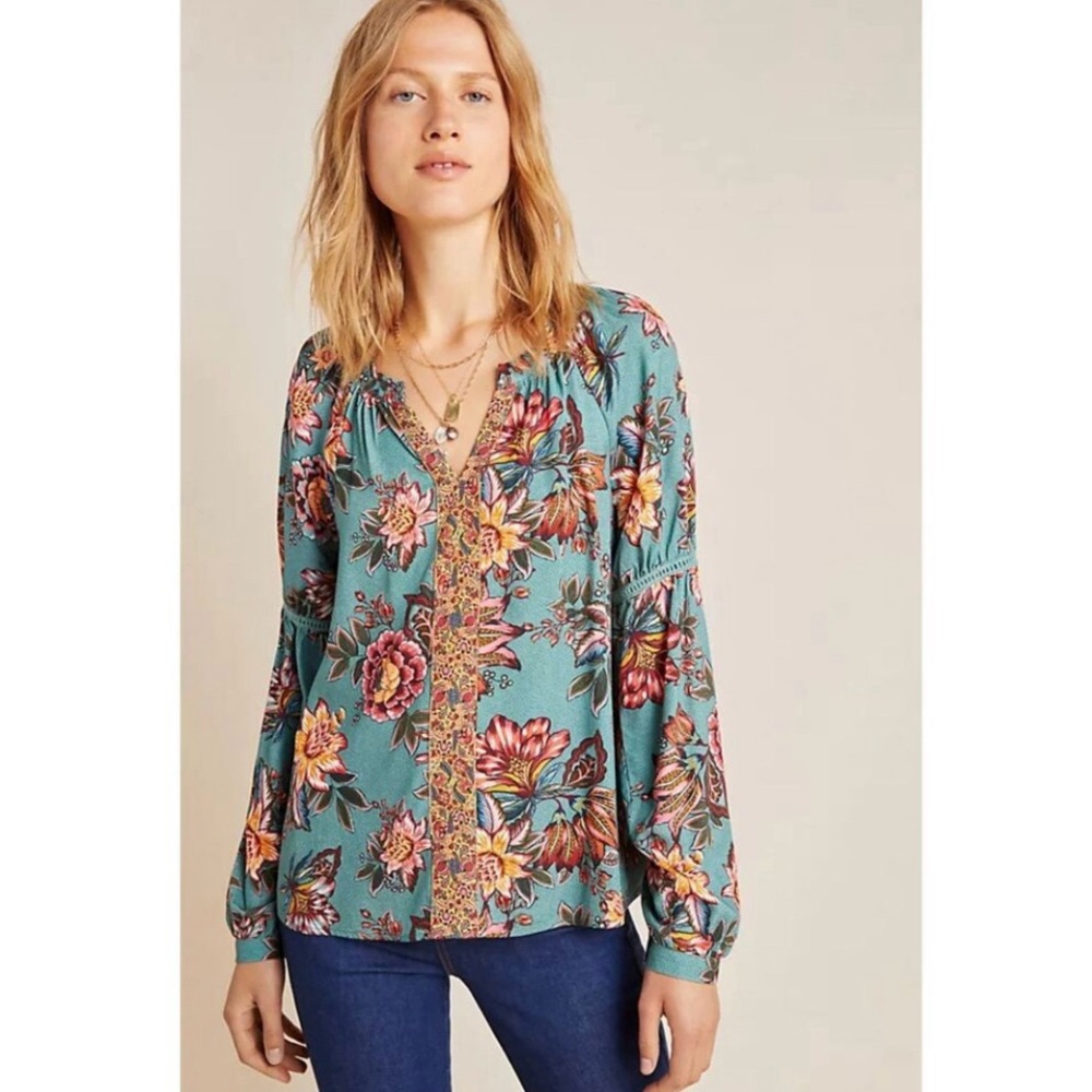 Anthro Farm Rio Paola Floral Peasant Boho Long Sleeve Blouse Size XS